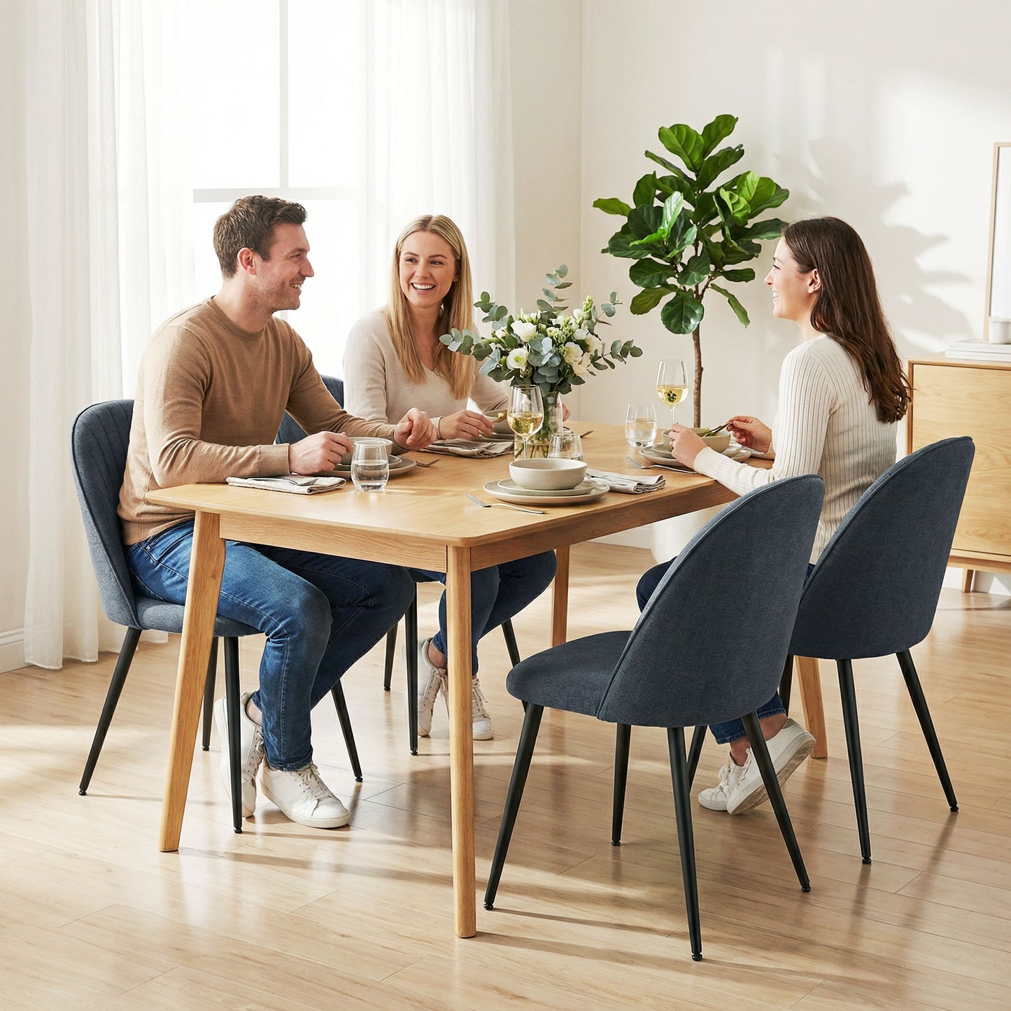 Set of 4 Modern Dining Chairs, Velvet Upholstered Kitchen Chairs with Steel Legs for Living Room, Dark Grey