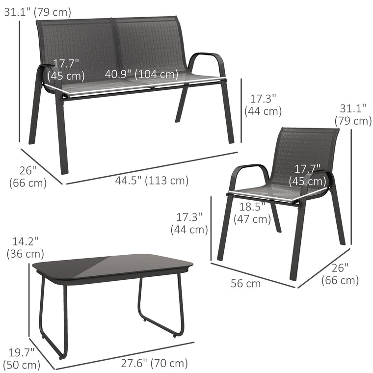 4-Piece Conversation Set with Stackable Chairs and Glass Table