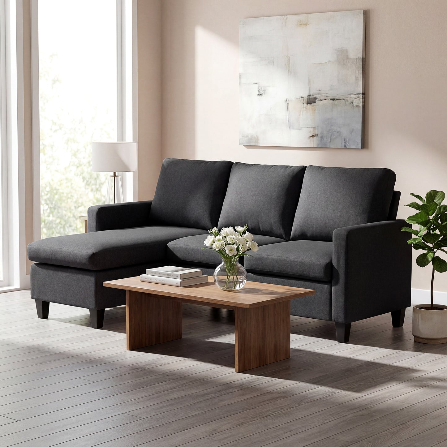 L-Shape Sofa, Modern Sectional Couch with Ottoman, Corner Sofa for Living Room, Dark Grey