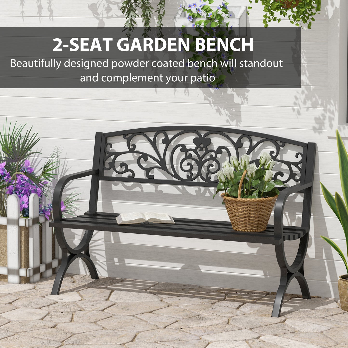 50" 2-Seater Garden Bench, Patio Porch Decorative Chair Cast Iron Loveseat Outdoor Furniture for Yard, Lawn, Porch, Black