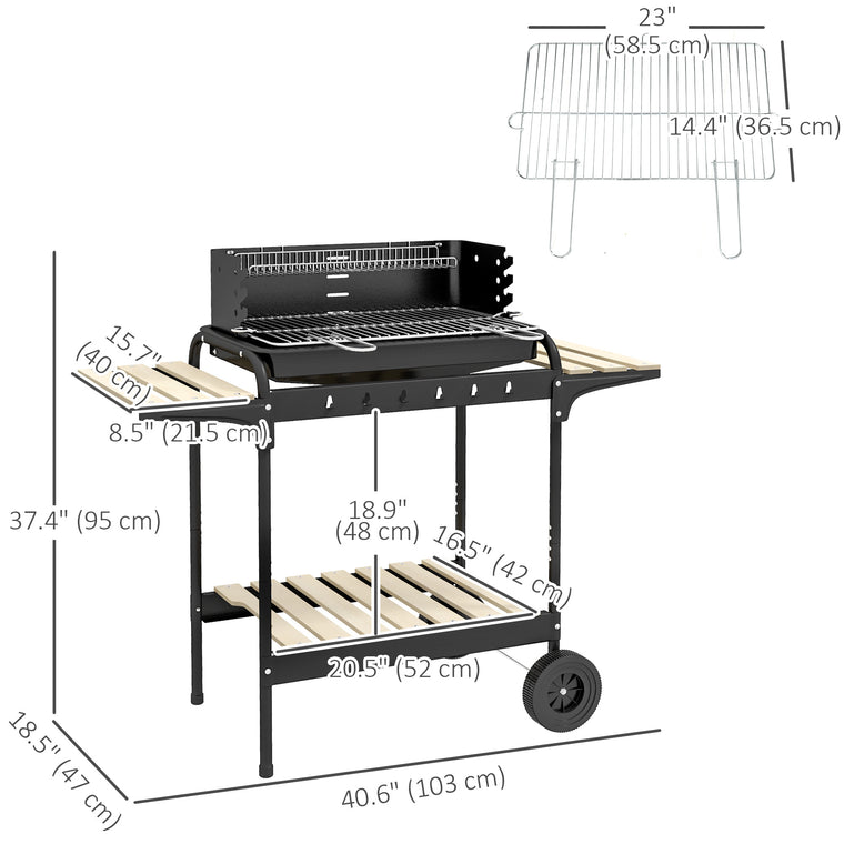 Black Charcoal BBQ Trolley with Ash Catcher & Wheels