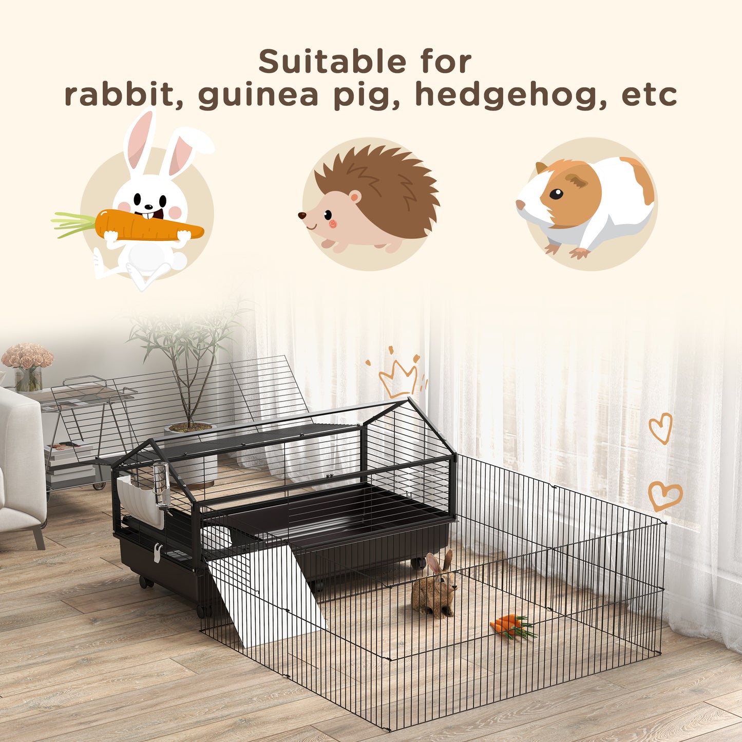Guinea Pig Cage with Foldable Detachable Playpen, Rolling Rabbit Chinchilla Hedgehog Bunny Cage Small Animal Habitat with Water Bottle, Hay Feeder