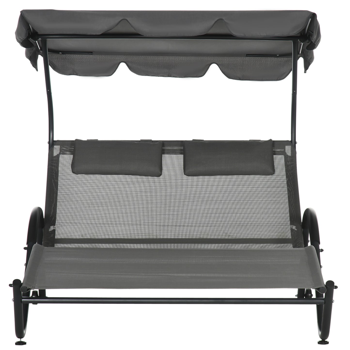Outdoor Patio Chaise Lounge Chair, Patio Sun Lounger w/ Sunshade Roof, for Two People with Wheels and Breathable Sling Mesh Bed, Pillows, Dark Gray