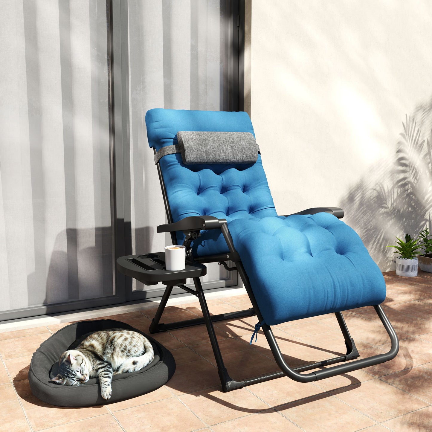 Padded Folding Recliner Chair, Patio Lounger with Cupholder, Adjustable Backrest, Removable Cushion, Navy Blue