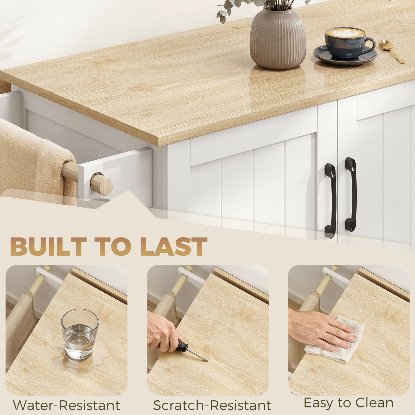 Kitchen Island with Drop Leaf, Rolling Kitchen Cart with Power Outlet, Cabinet, 3 Drawers, Spice Rack, Towel Bar, White