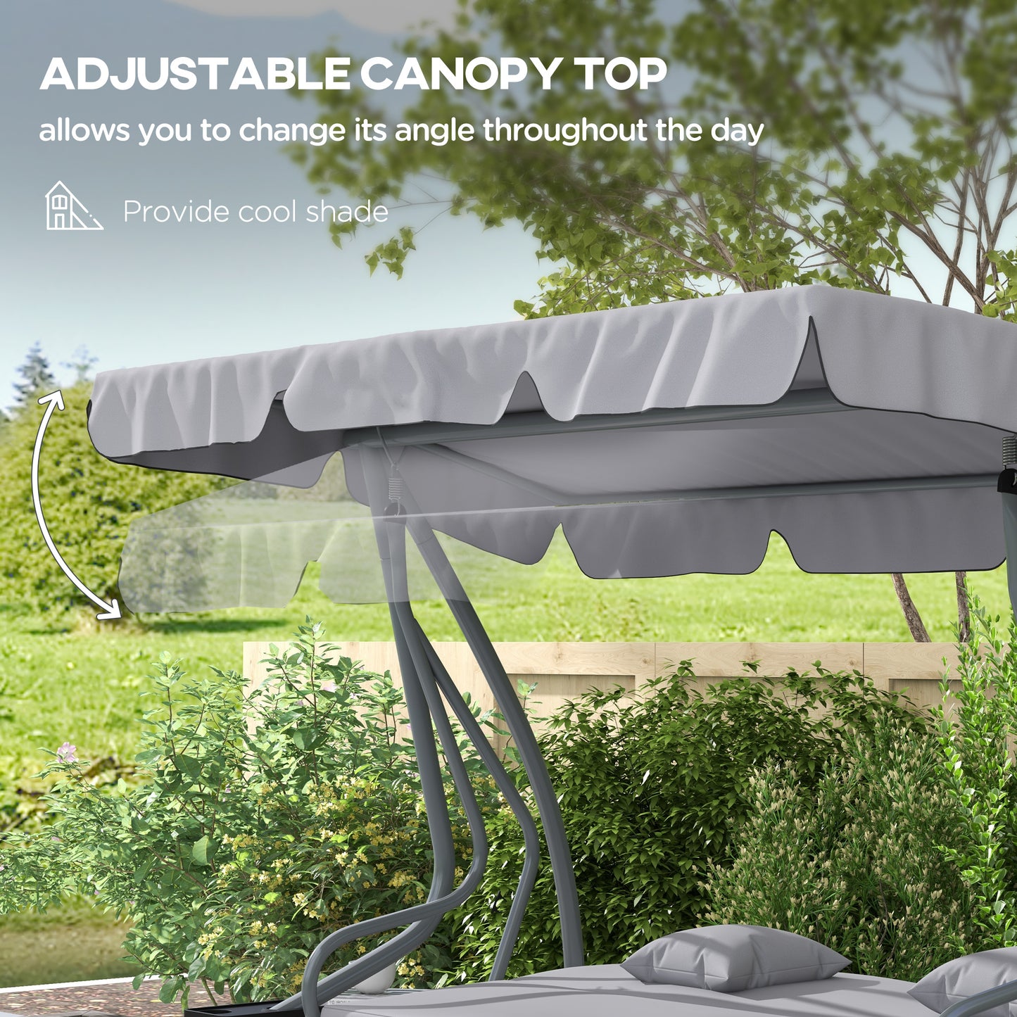 Outdoor 3-Seater Patio Swing Chair, Outdoor Swing Seat, with Adjustable Canopy and Two Pillows for Garden, Light Grey
