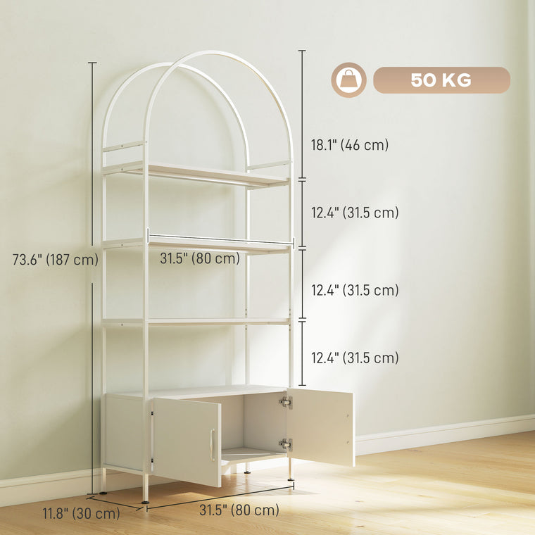 4-Tier Arched Bookshelf with Cabinet - White