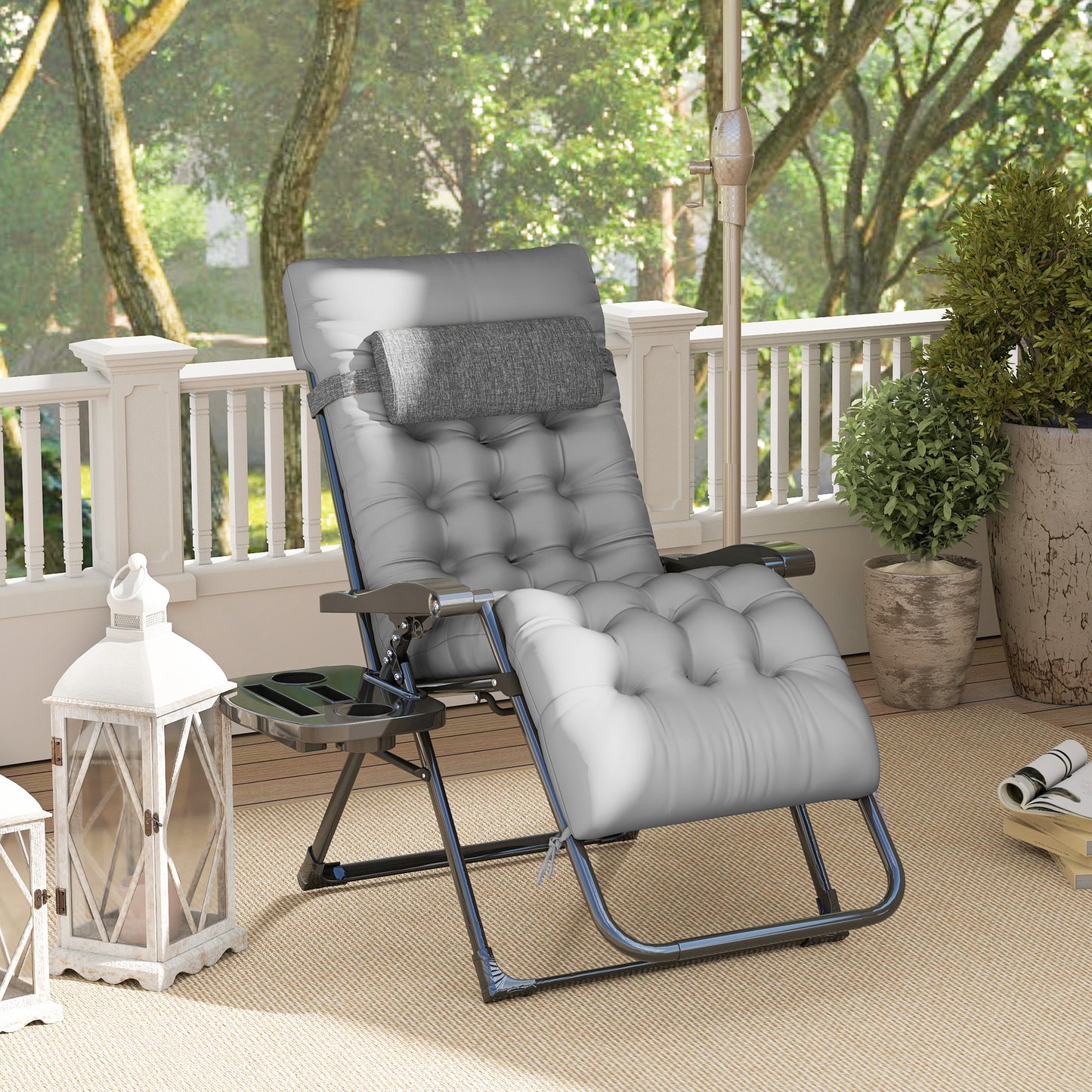 Padded Zero Gravity Chair, Folding Recliner Chair, Patio Lounger with Cup Holder, Adjustable Backrest, Removable Cushion for Outdoor, Deck, Poolside, Red - Grey