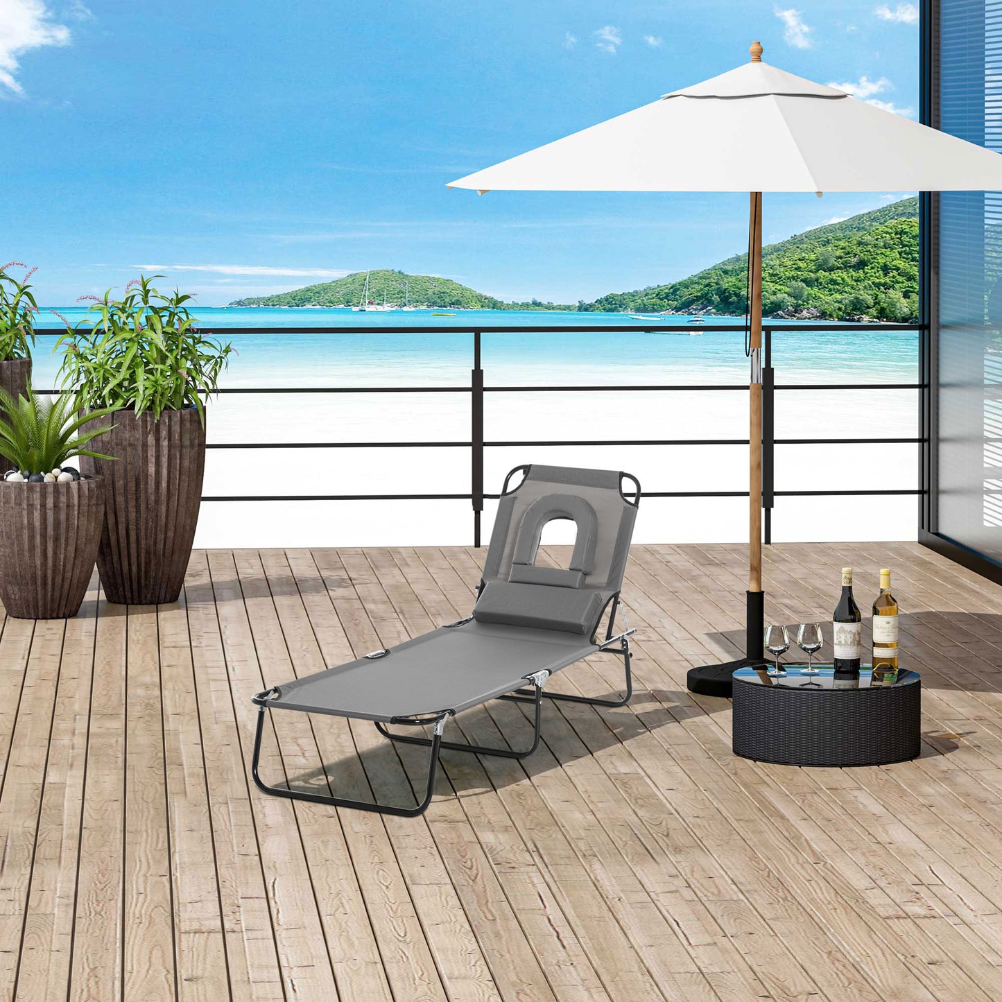 Adjustable Outdoor Lounge Chair, Garden Folding Chaise Lounge with Face Hole Reclining Tanning Chair Seat, Folding Camping Beach Lounging Bed w/ Support Pillow, Grey