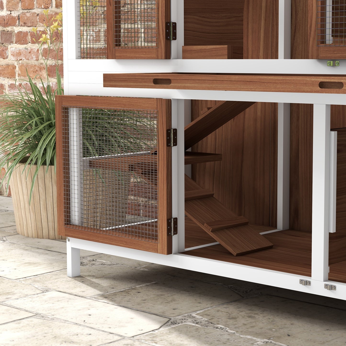 Two-Tier Wooden Rabbit Hutch with Openable Roof, Slide-Out Tray