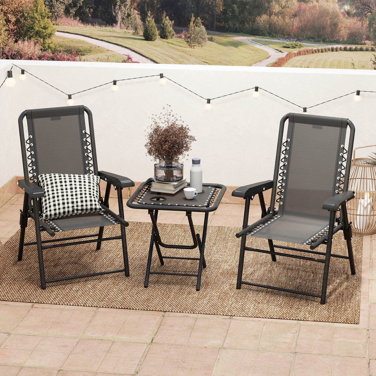 3 Pieces Patio Bistro Set, Outdoor Folding Table and Chairs Set, Metal Patio Furniture Set with Cup Holders