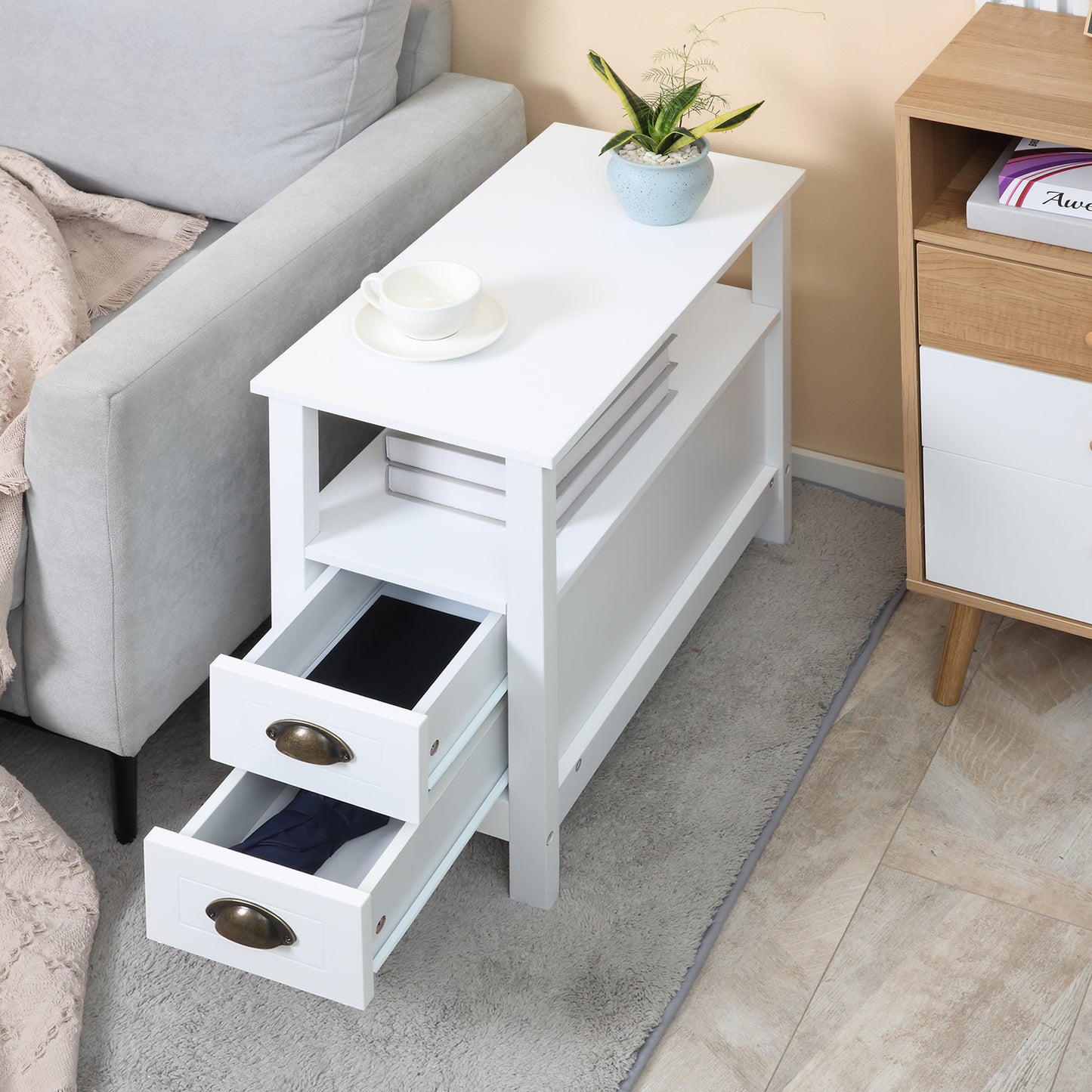 Slim End Table with 2 Drawers and Storage Shelf, Sofa Side Table for Living Room, Narrow Nightstand, White