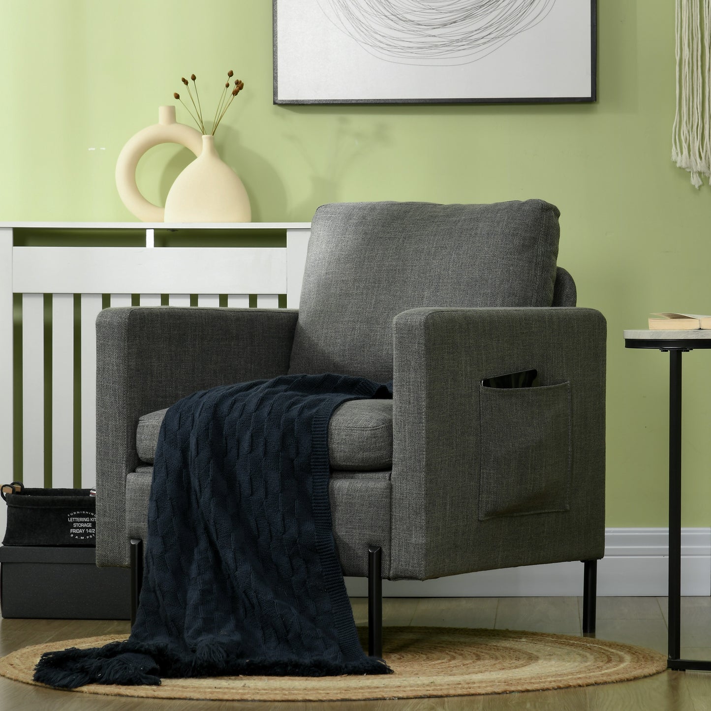 Armchair, Fabric Accent Chair, Modern Living Room Chair with Metal Legs, 2 Side Pockets for Bedroom, Grey