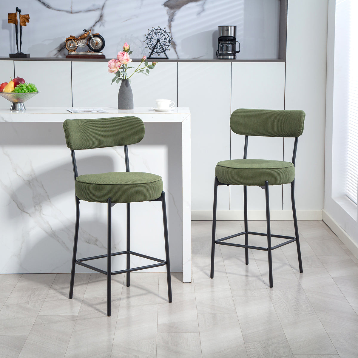 Set of 2 Barstools, Upholstered Corduroy Bar Stools with Backrest, Footrest for Kitchen Island, Dining Room, Green