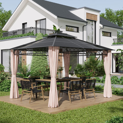 10' x 12' Khaki Hardtop Gazebo with Double PC Roof & Curtains