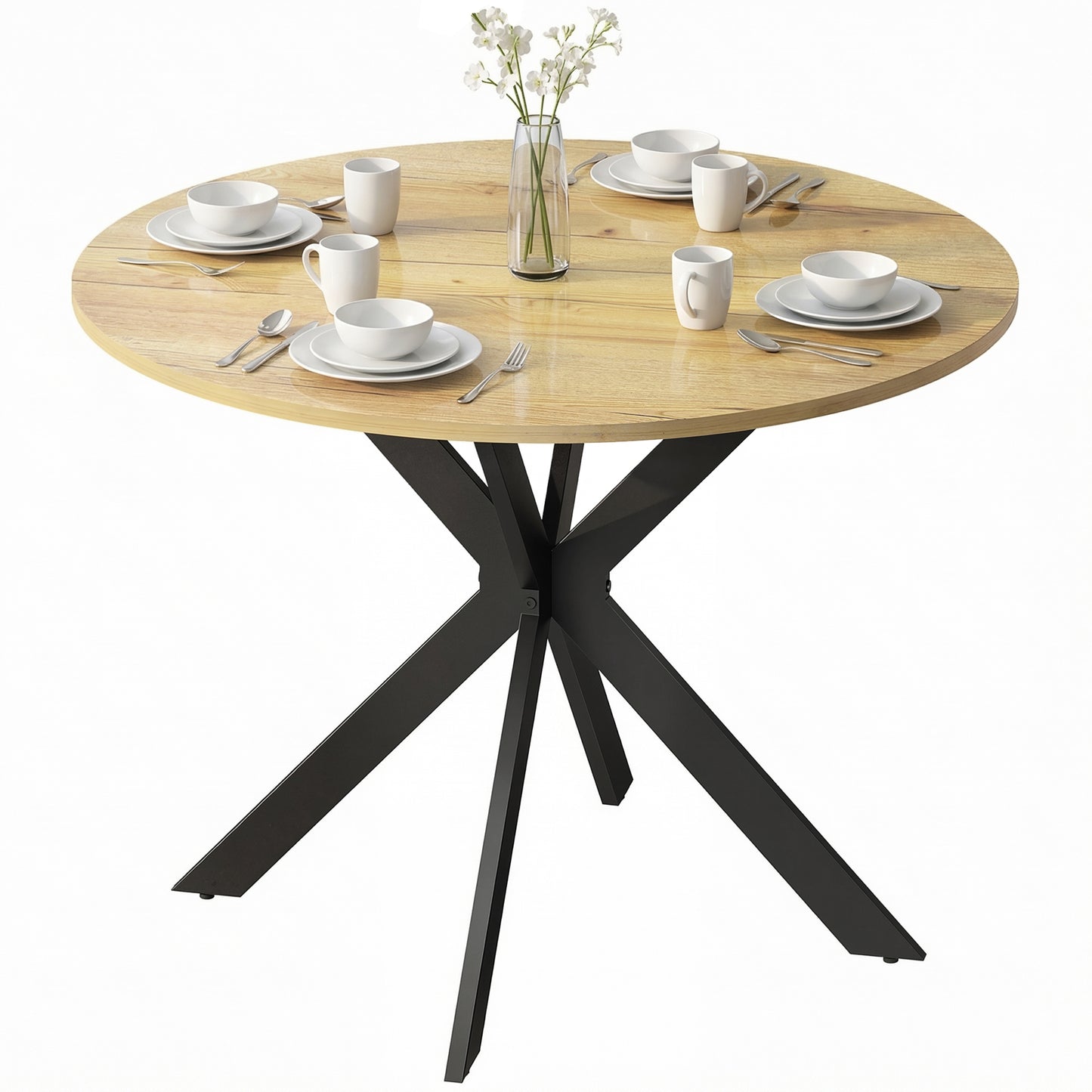 39" Dining Table, Contemporary Round Kitchen Table with Steel Legs, Brown Wood Grain
