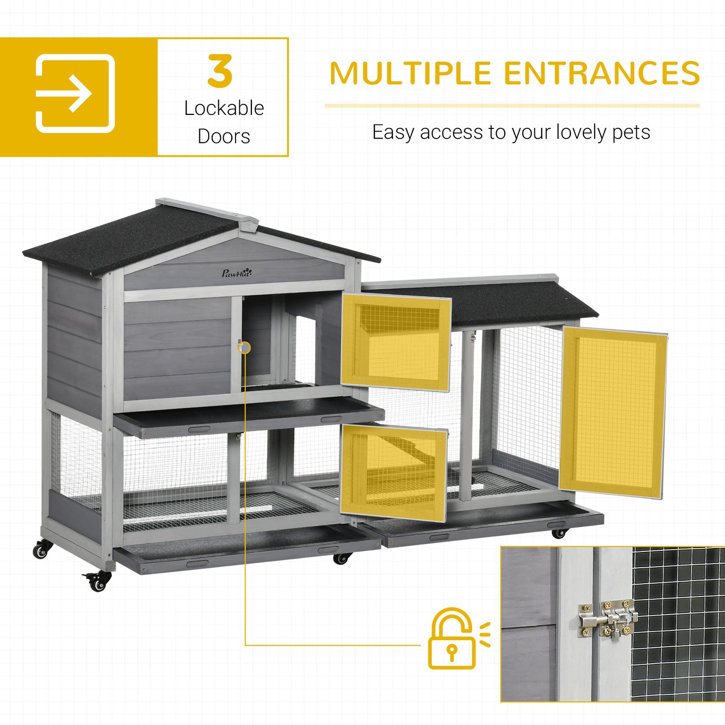 62" Wooden Rabbit Hutch with Wheels, Run Box, Tray, Ramp for Small Animals, Guinea Pig, Indoor Outdoor Use, Light Grey