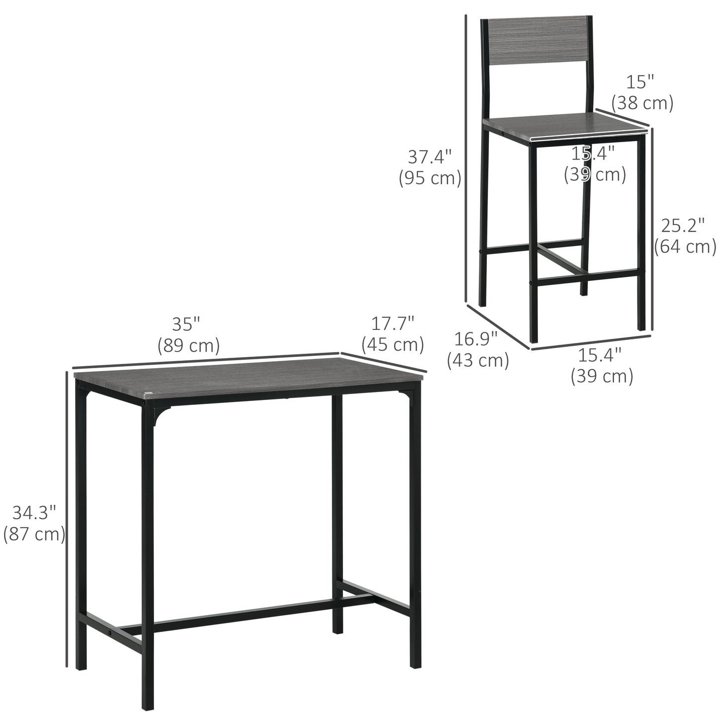 Industrial Bar Table Set Counter Height 3 Piece and 2 High Back Stools Set Dining Table Set Grey