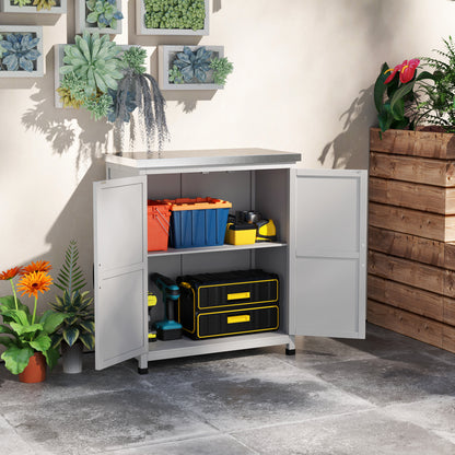 Potting Bench Table with Metal Top and Double Doors