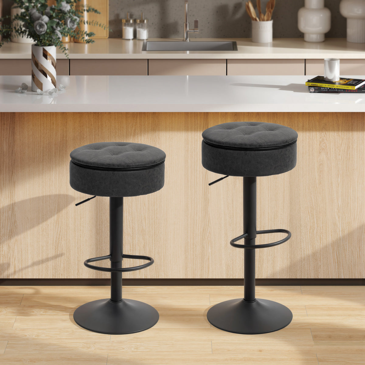 Set of 2 Barstools with Storage, Swivel Bar Stools with PU Leather Upholstered, Footrest, Steel Base, Black