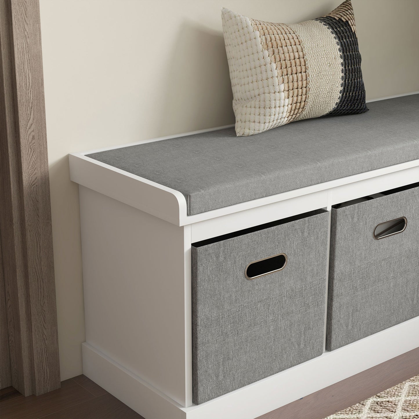 Shoe Storage Bench with Seat, Entryway Bench Seat with Cushion, 3 Fabric Drawers for Hallway, White