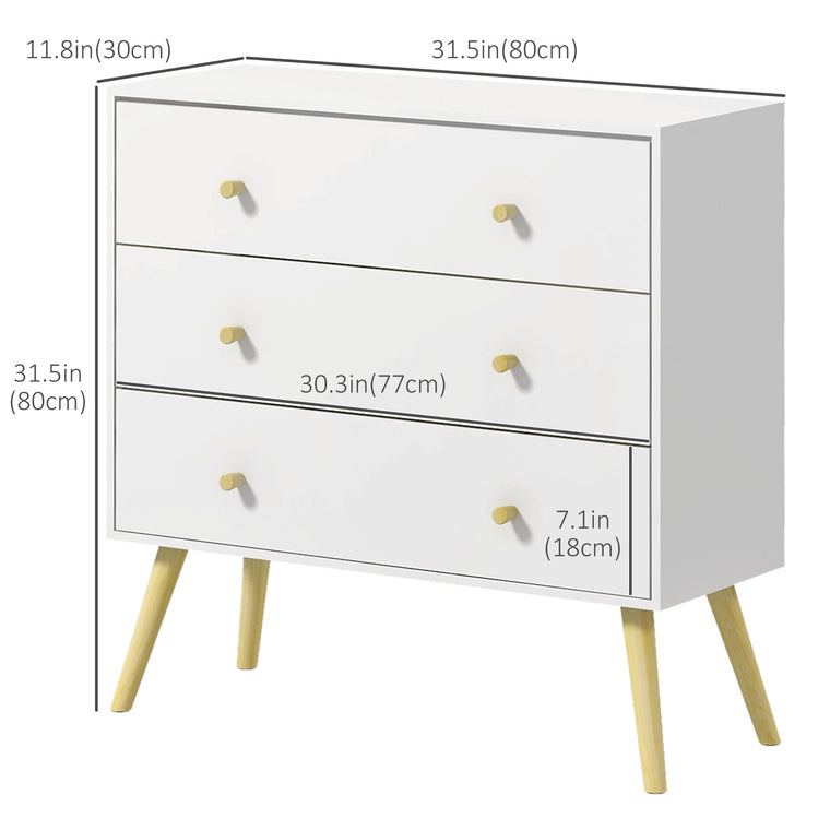3-Drawer Dresser with Wood Legs - White