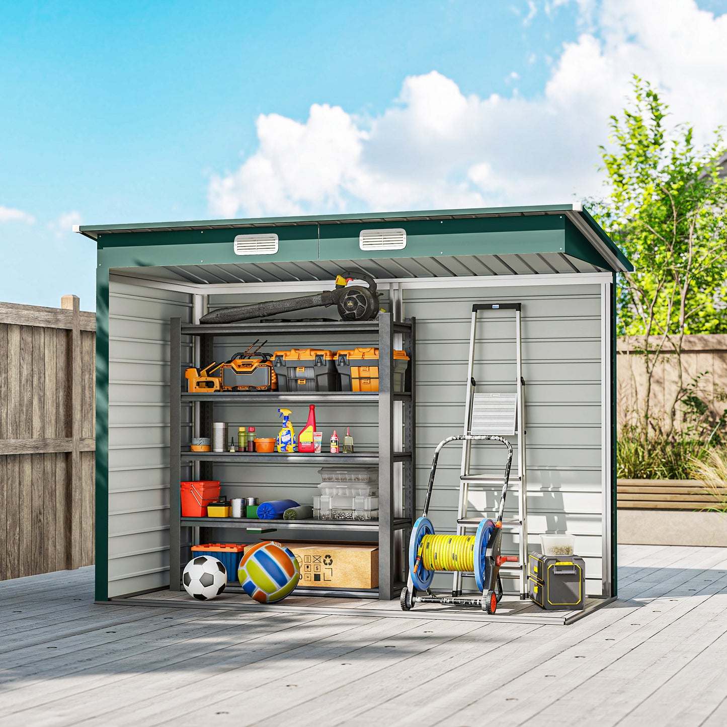 8 x 4FT Galvanized Garden Storage Shed, Metal Outdoor Shed with Double Doors and 2 Vents, Green