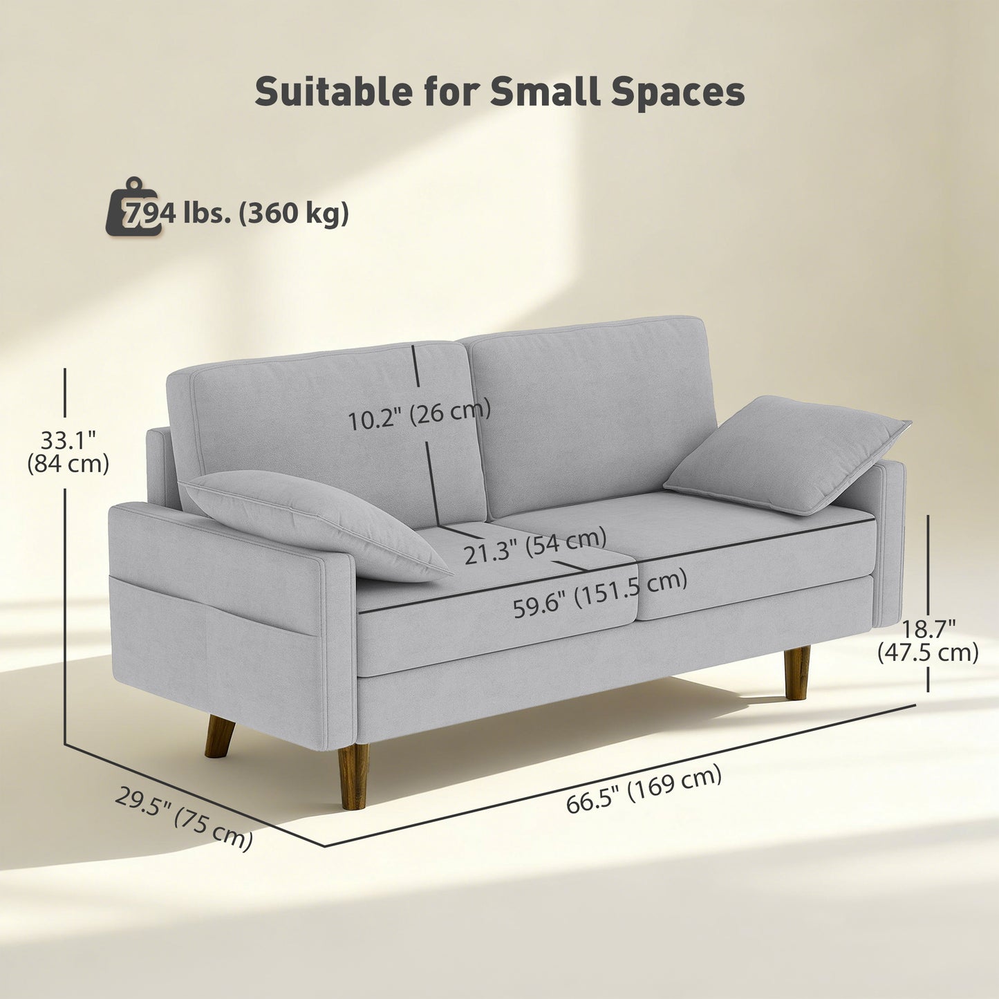 3 Seater Sofa, Velvet Upholstered Couch with Spring Cushions, Rubber Wood Legs and 2 Pillows, Grey