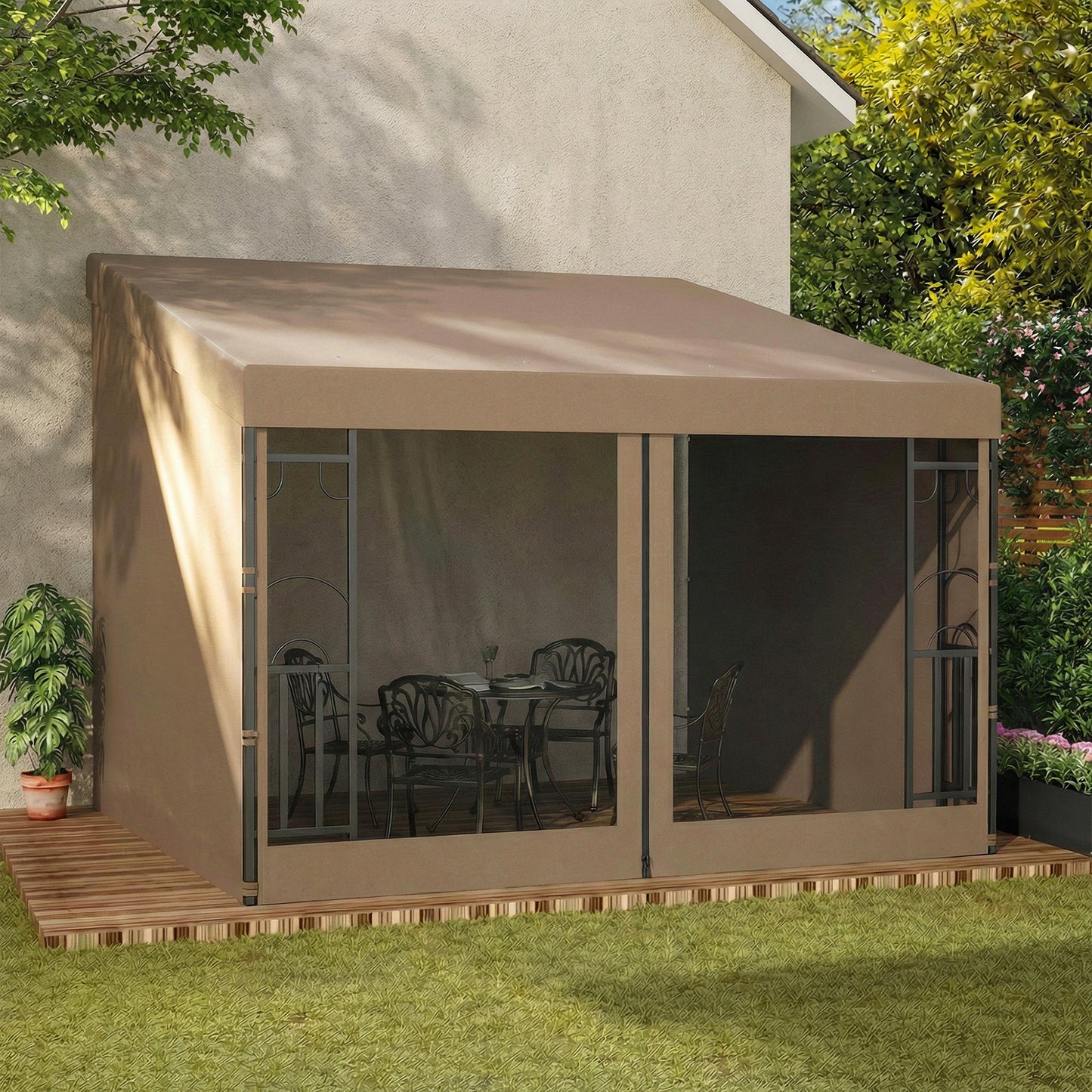 10' x 10' Wall Pergola, Outdoor Gazebo with 2 Curtains and 2 Nettings, UV Resistant, for Patio, Deck, Khaki
