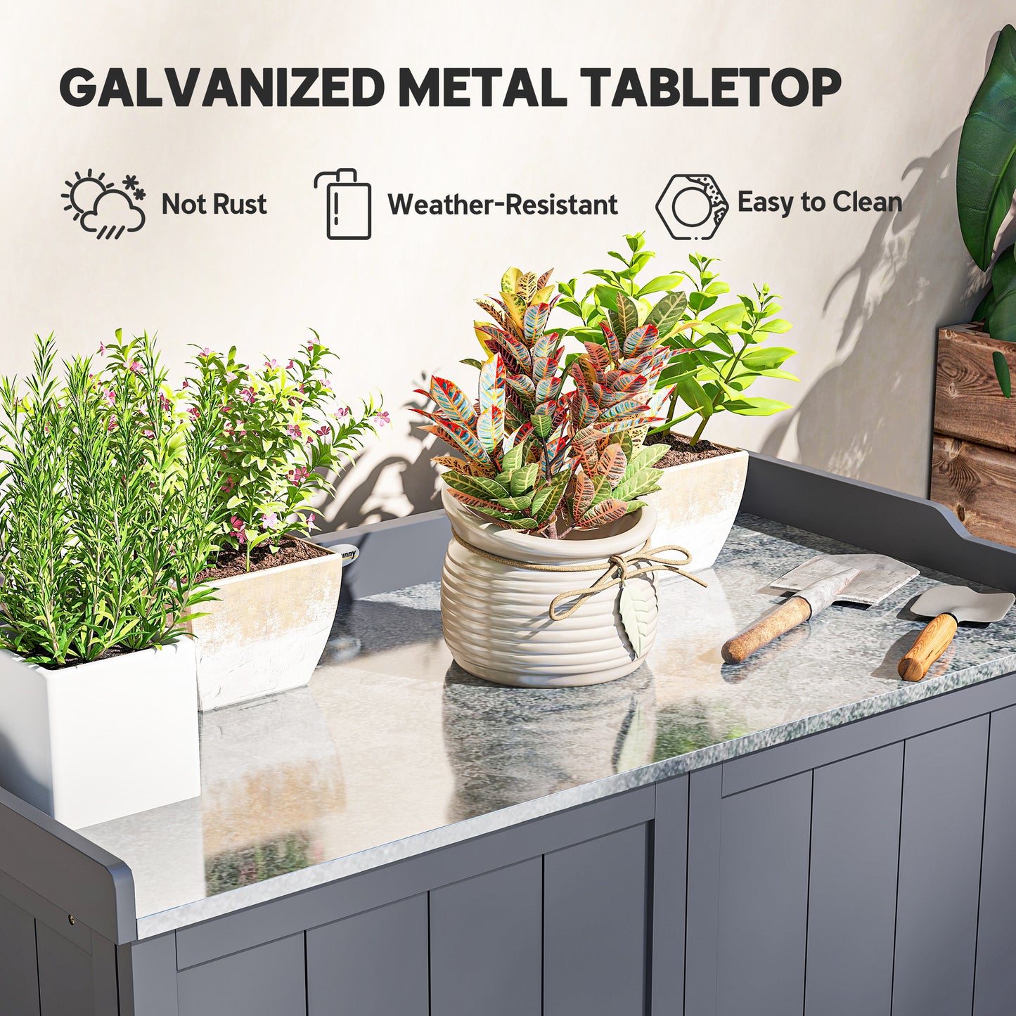 Garden Storage Cabinet, Outdoor Potting Bench Table with Galvanized Top and Shelf, Tool Shed with Double Doors, Grey