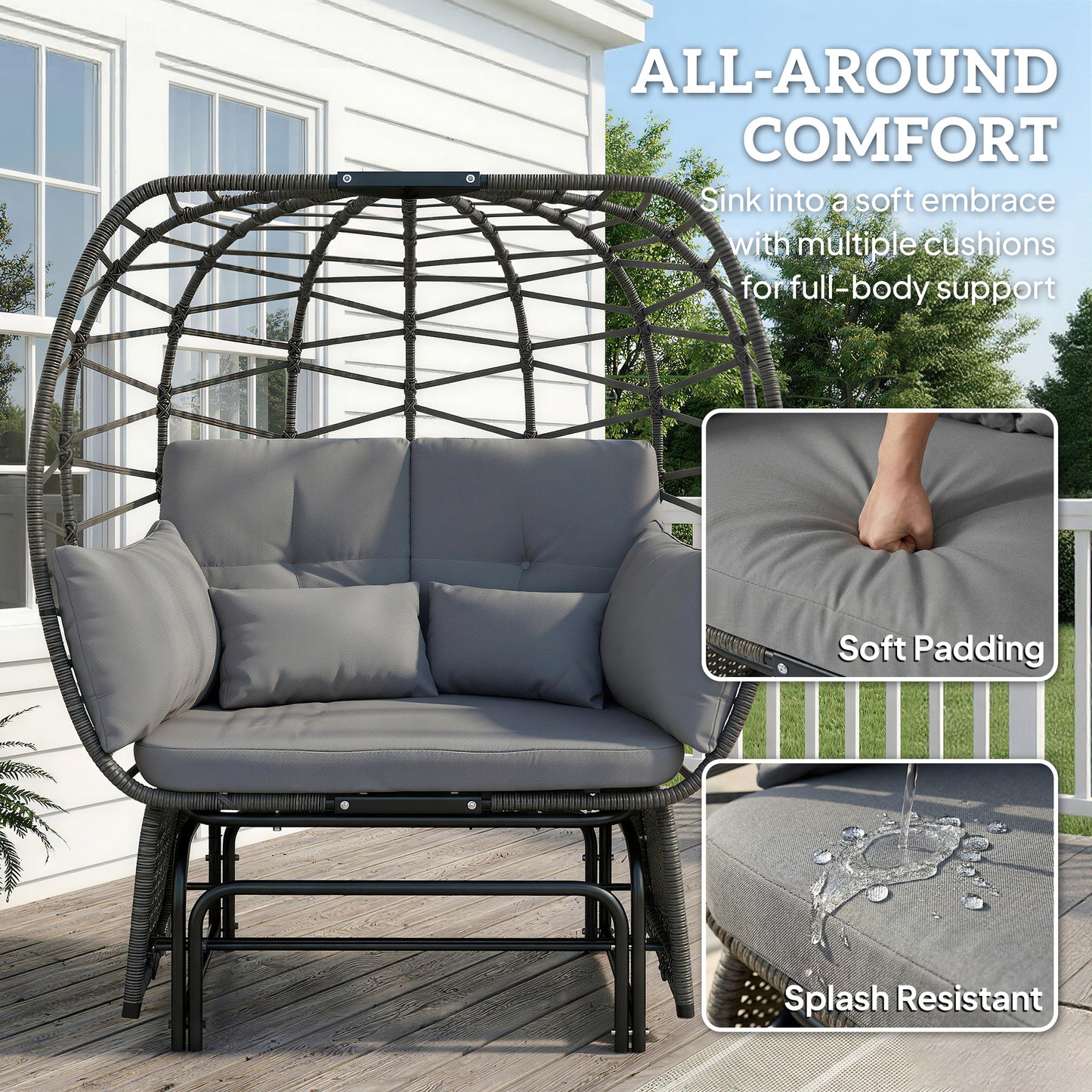 Double Outdoor Glider Egg Chair, Outdoor Loveseat Glider with Cushions and Pillows, Dark Grey