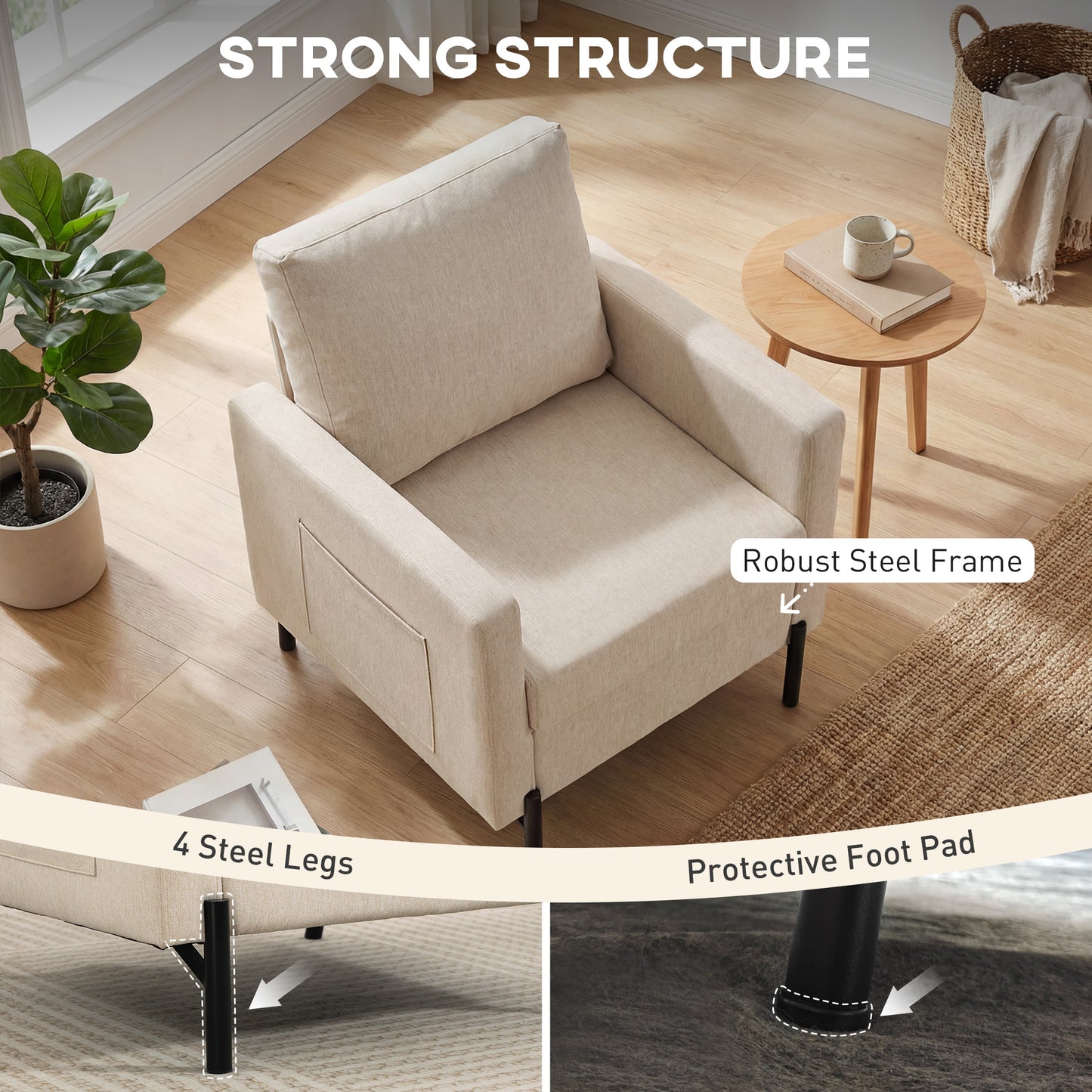 Accent Chair Modern Upholstered Armchair with Side Pockets and Cushion for Bedroom, Living Room, Beige