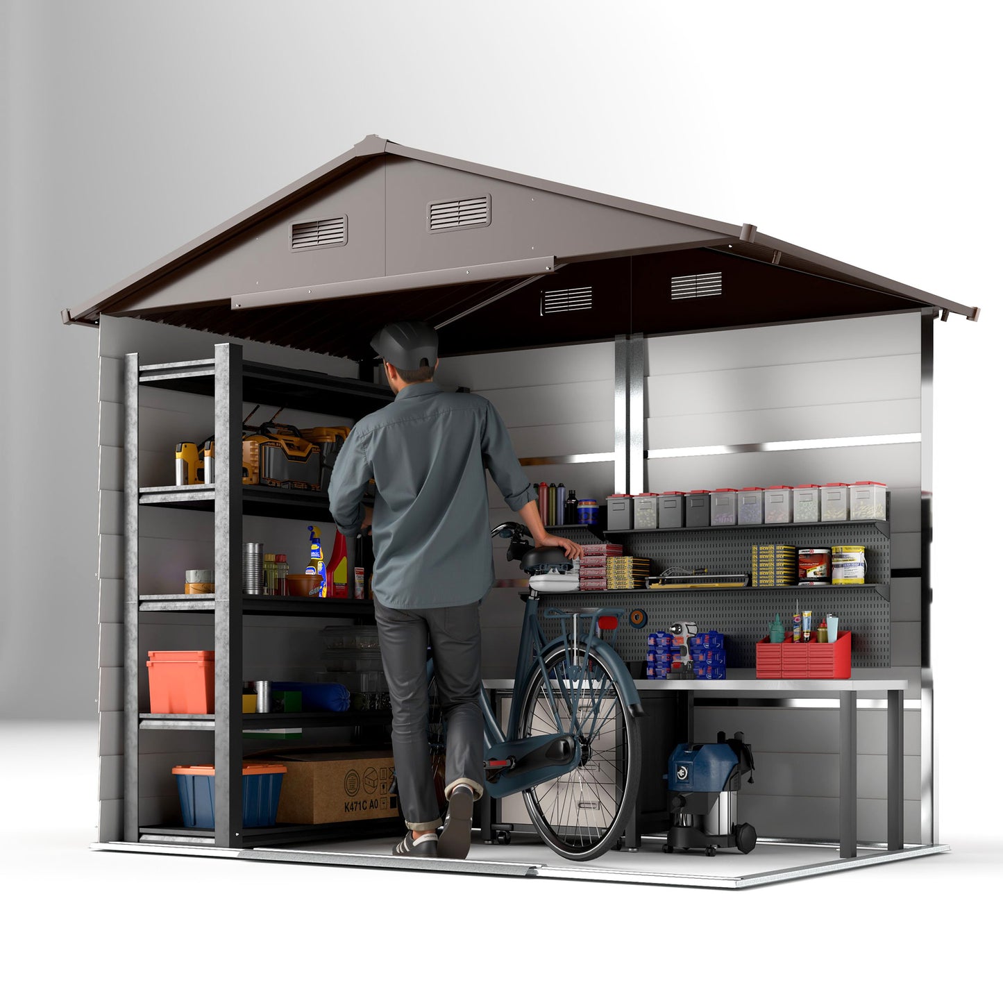 7.7' x 6.5' Outdoor Metal Garden Shed with Lock and Ventilation Gardening Tool Storage, Dark Brown