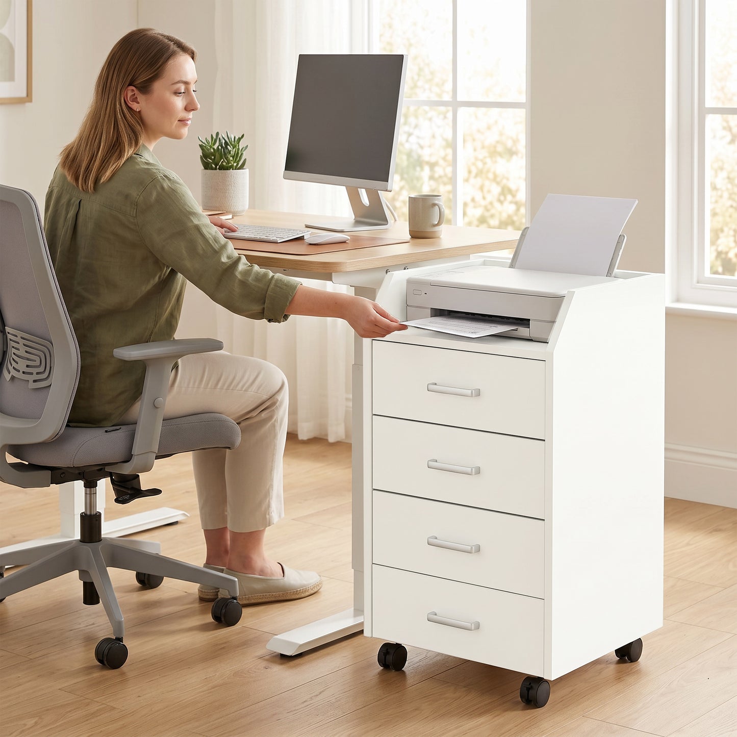 4-Drawer Vertical Mobile Filing Cabinet, File Cabinet with Lockable Wheels for Home Office, White