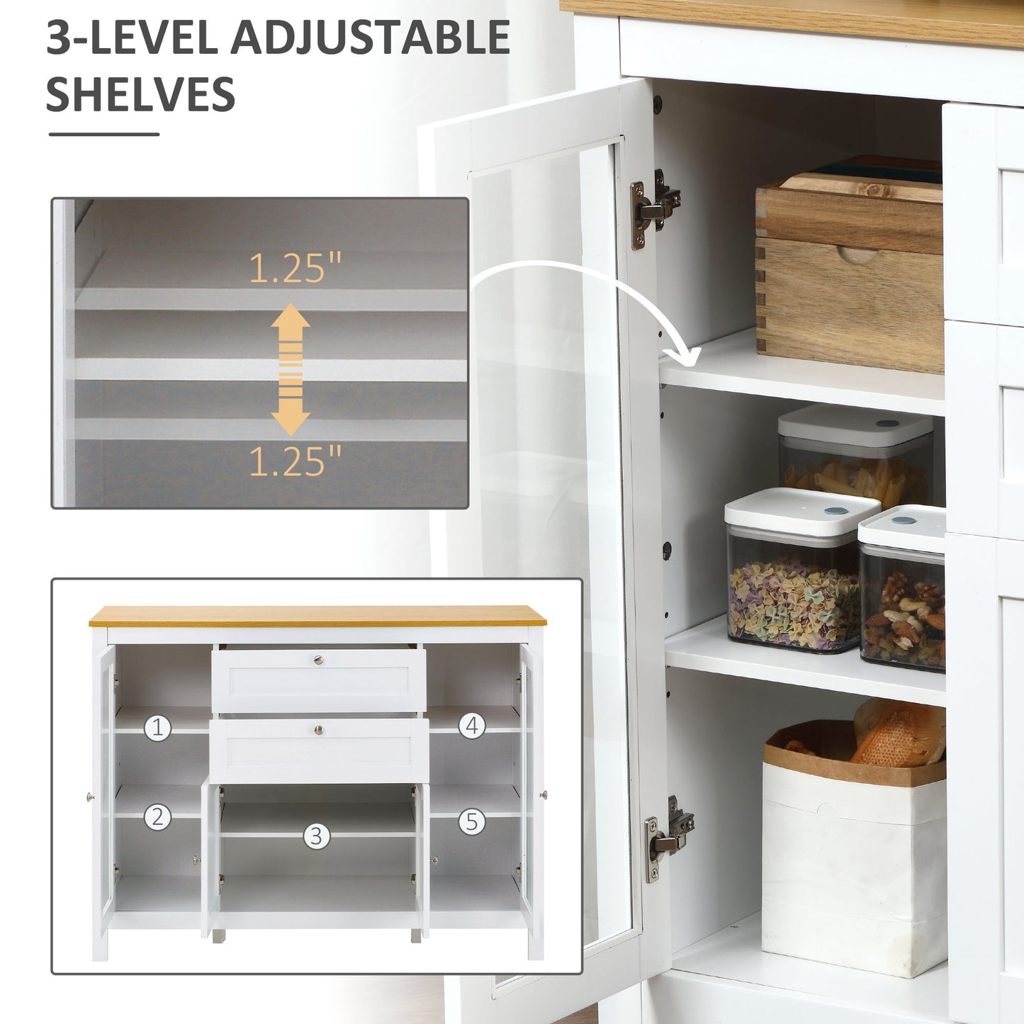 Buffet Cabinet Sideboard with 2 Drawers, 3 Storage Cabinets, Glass Doors and Adjustable Shelves, White