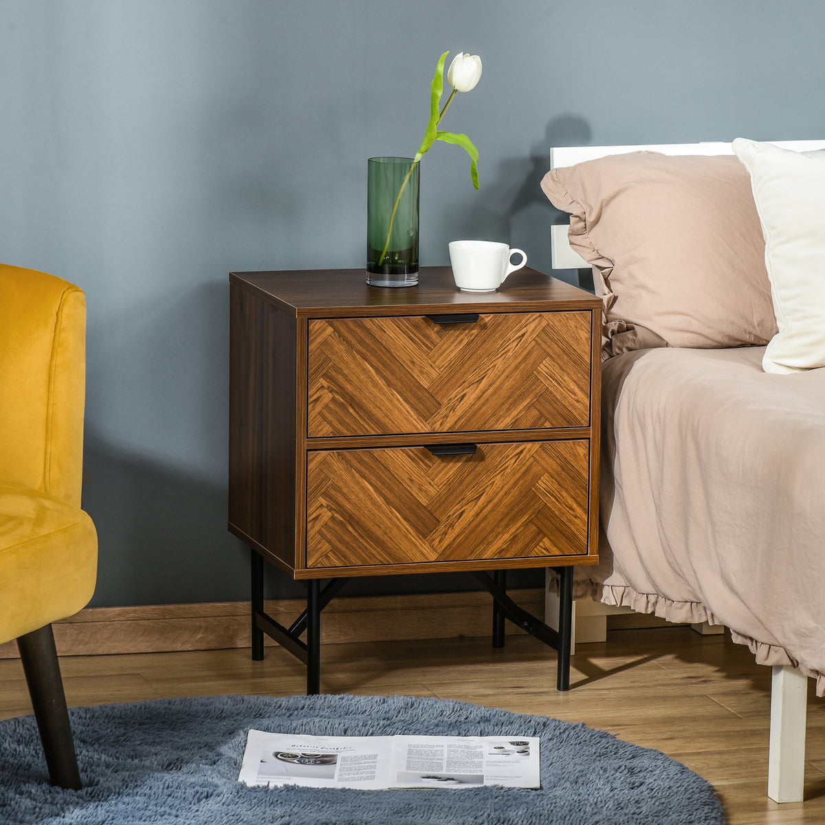 Bedside Table, Nightstand for Bedroom, End Side Table Dresser Storage with 2 Drawers, Walnut Brown