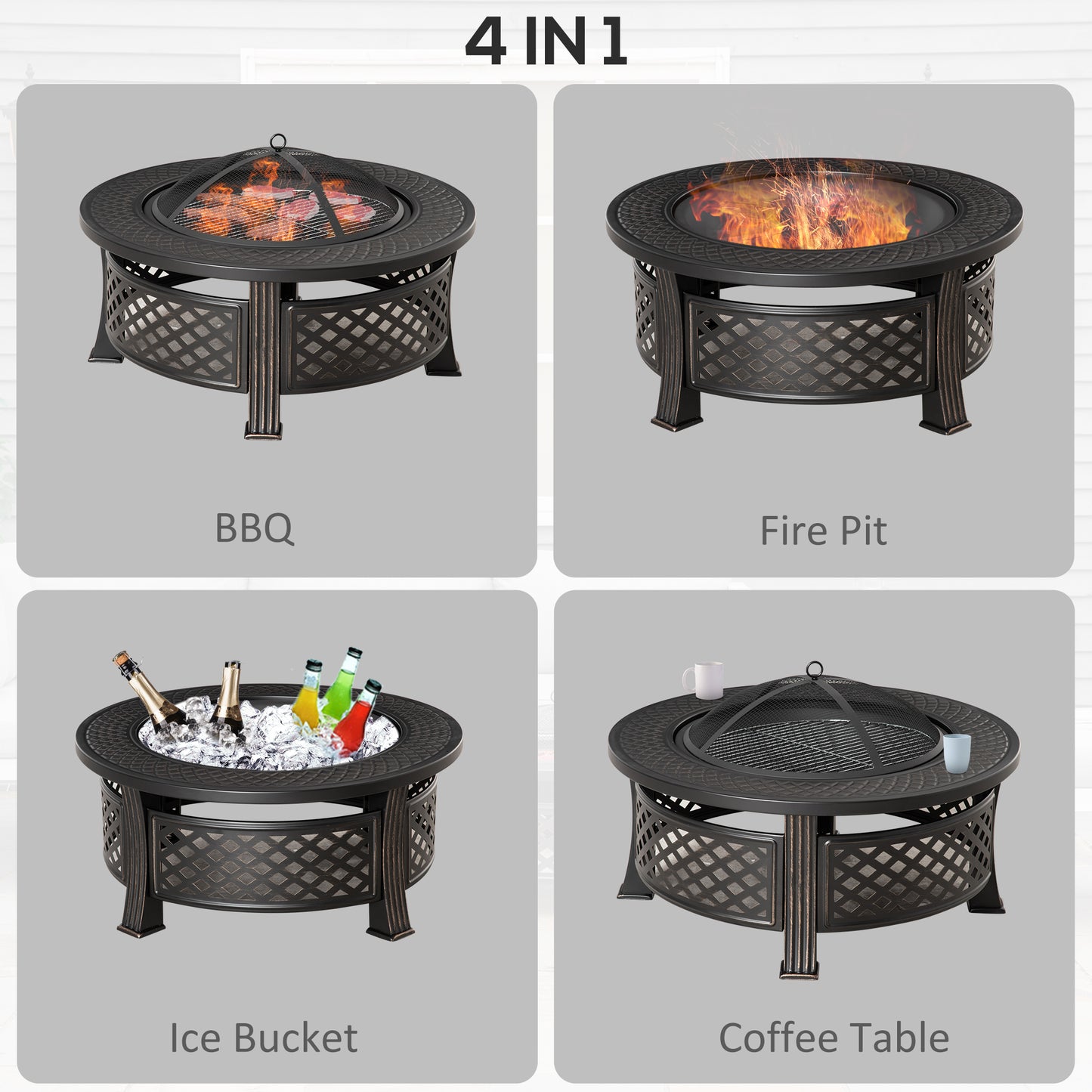 Outdoor Fire Pit, Firepit with Grill Net, Mesh Lid, Poker, for Camping, Bonfire, Picnic, Bronze