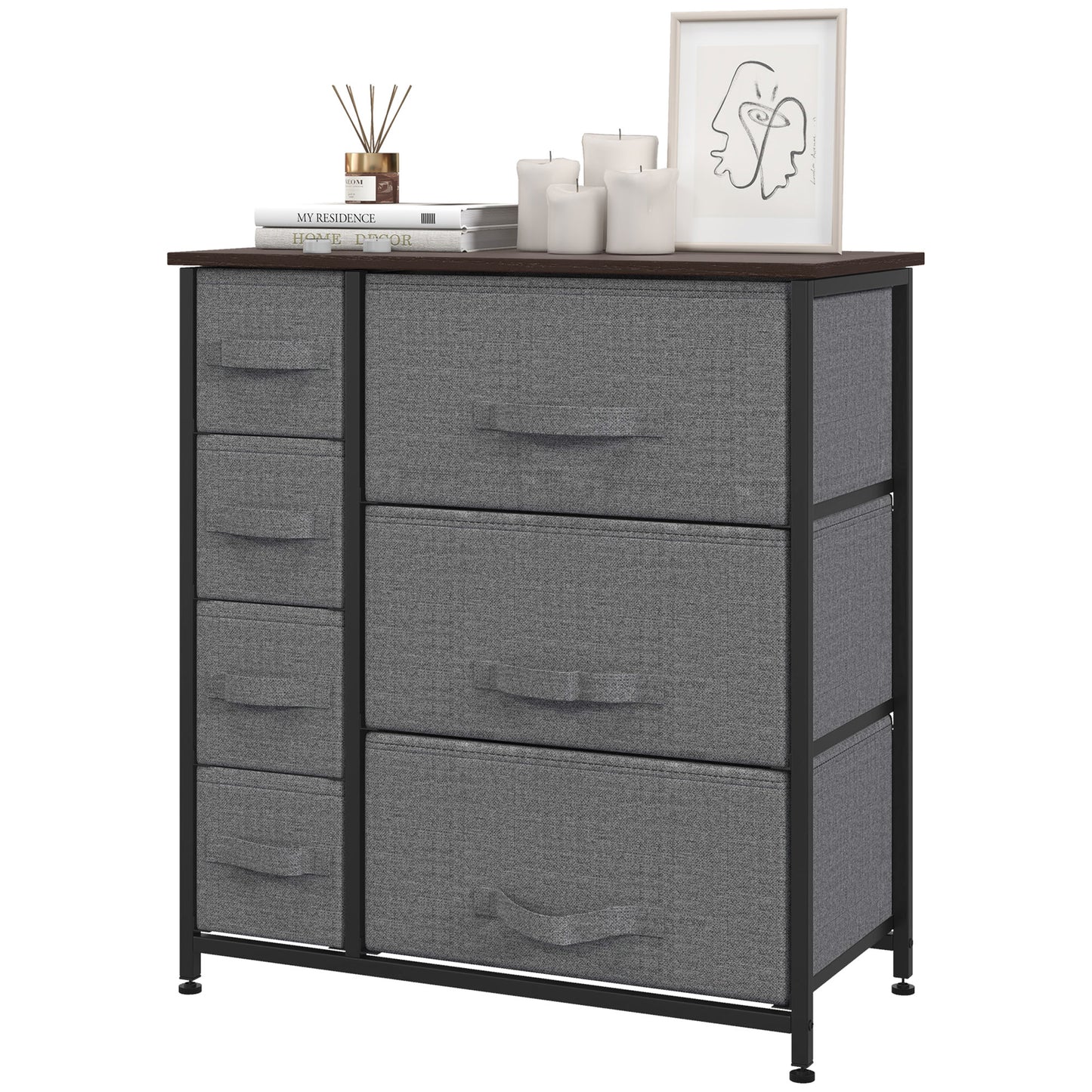 Dresser with 7 Drawers, Chest of Drawers with Metal Frame, Fabric Dresser for Living Room, Dark Grey