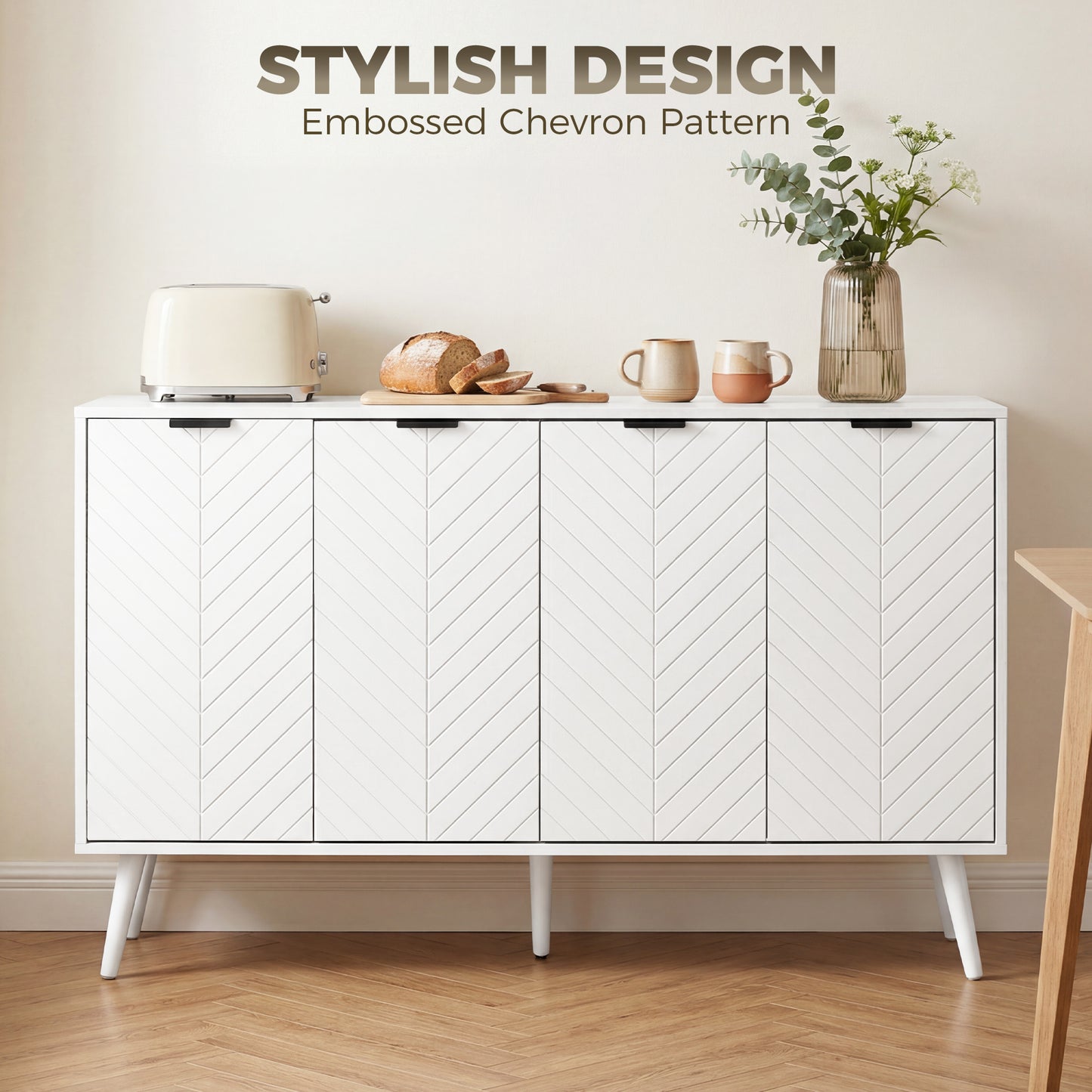 Modern Sideboard and Buffet, Dining Room Cabinet with Adjustable Shelves and 4 Doors, White