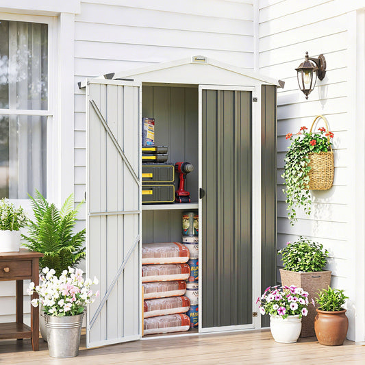 Outdoor Storage Shed Apex Roof Metal Garden Shed with Shelf for Backyard, Light Grey