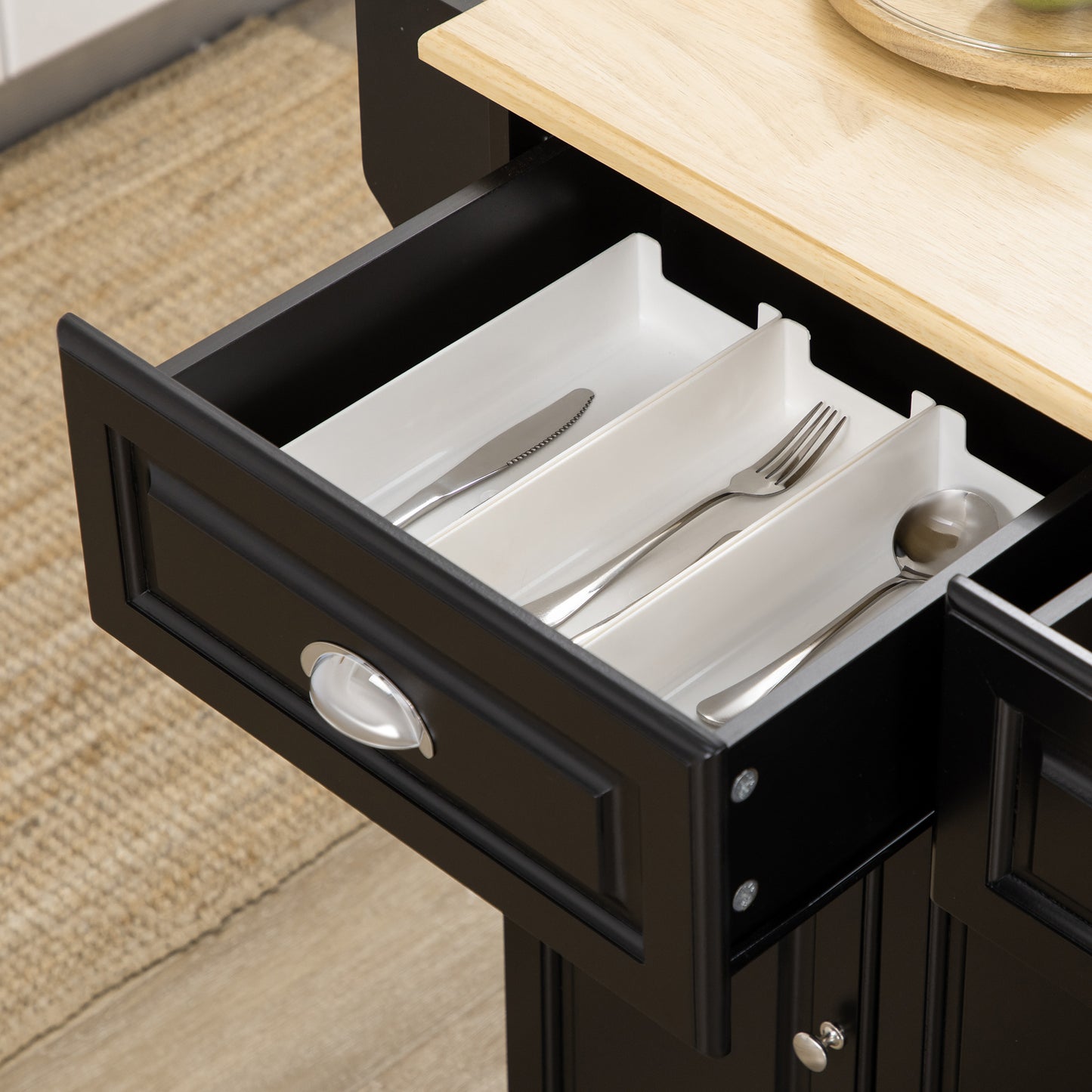 Kitchen Island with Storage Rolling Kitchen Serving Cart with Rubber Wood Top Towel Rack Storage Drawer Cabinet, Black