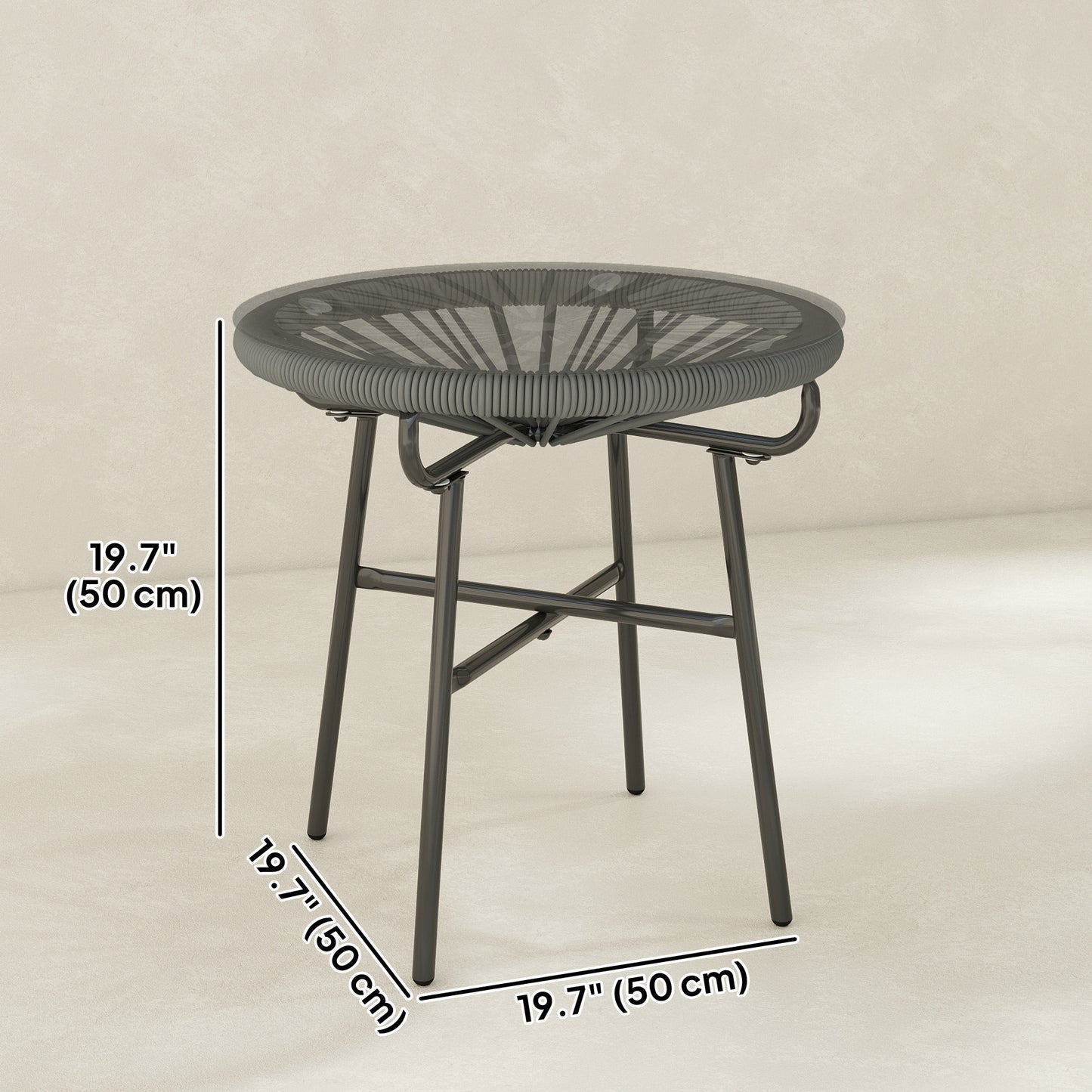 Rattan Side Table, Round Outdoor Table, with Round PE Rattan and Tempered Glass Table Top for Patio, Garden, Dark Grey