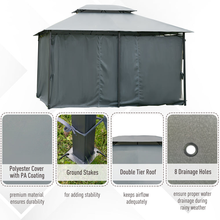 13' x 10' x 8.7' Grey Gazebo with 2-Tier Roof & Curtains