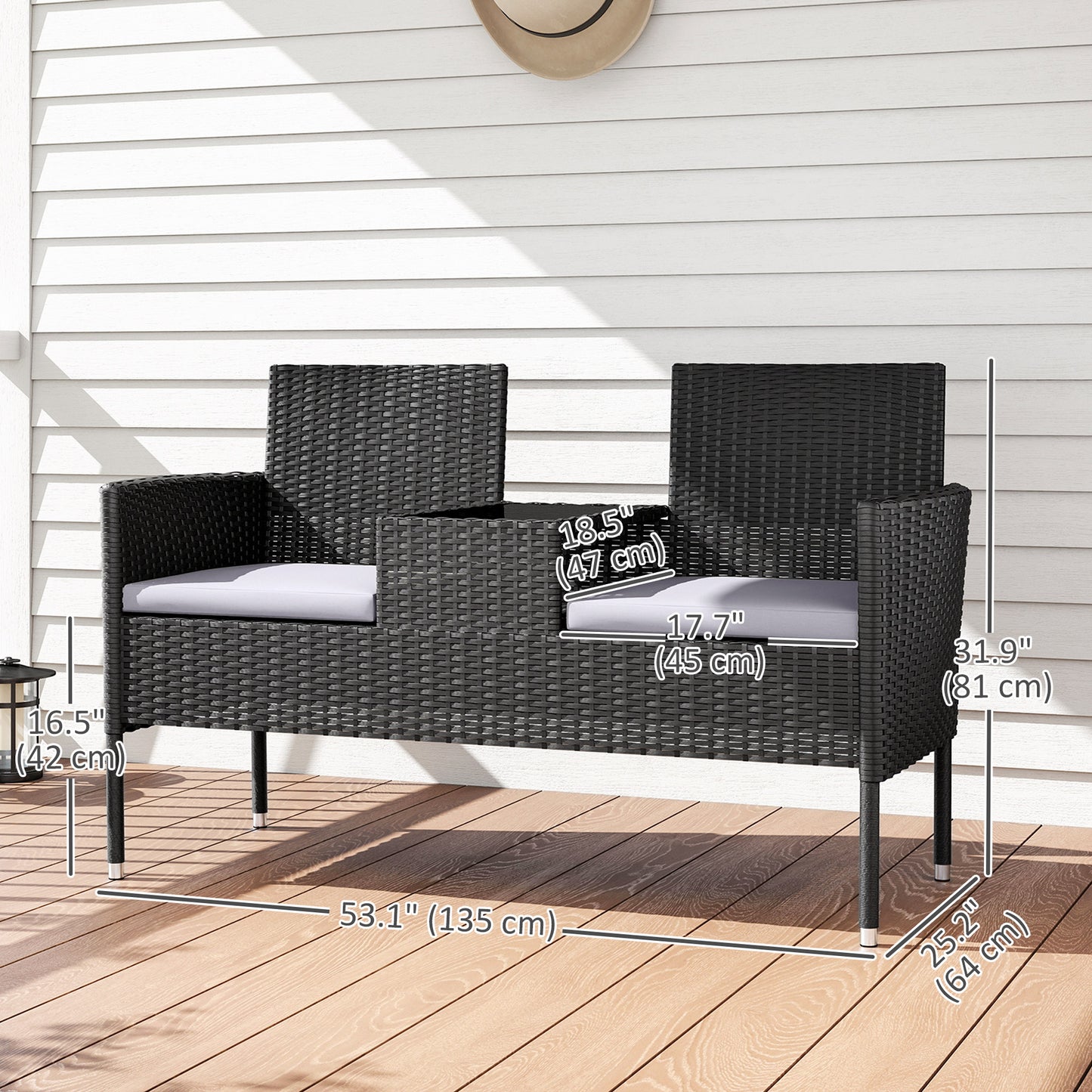 Patio Furniture w/ Mid-Table PE Rattan Loveseat w/ Cushion, Light Grey