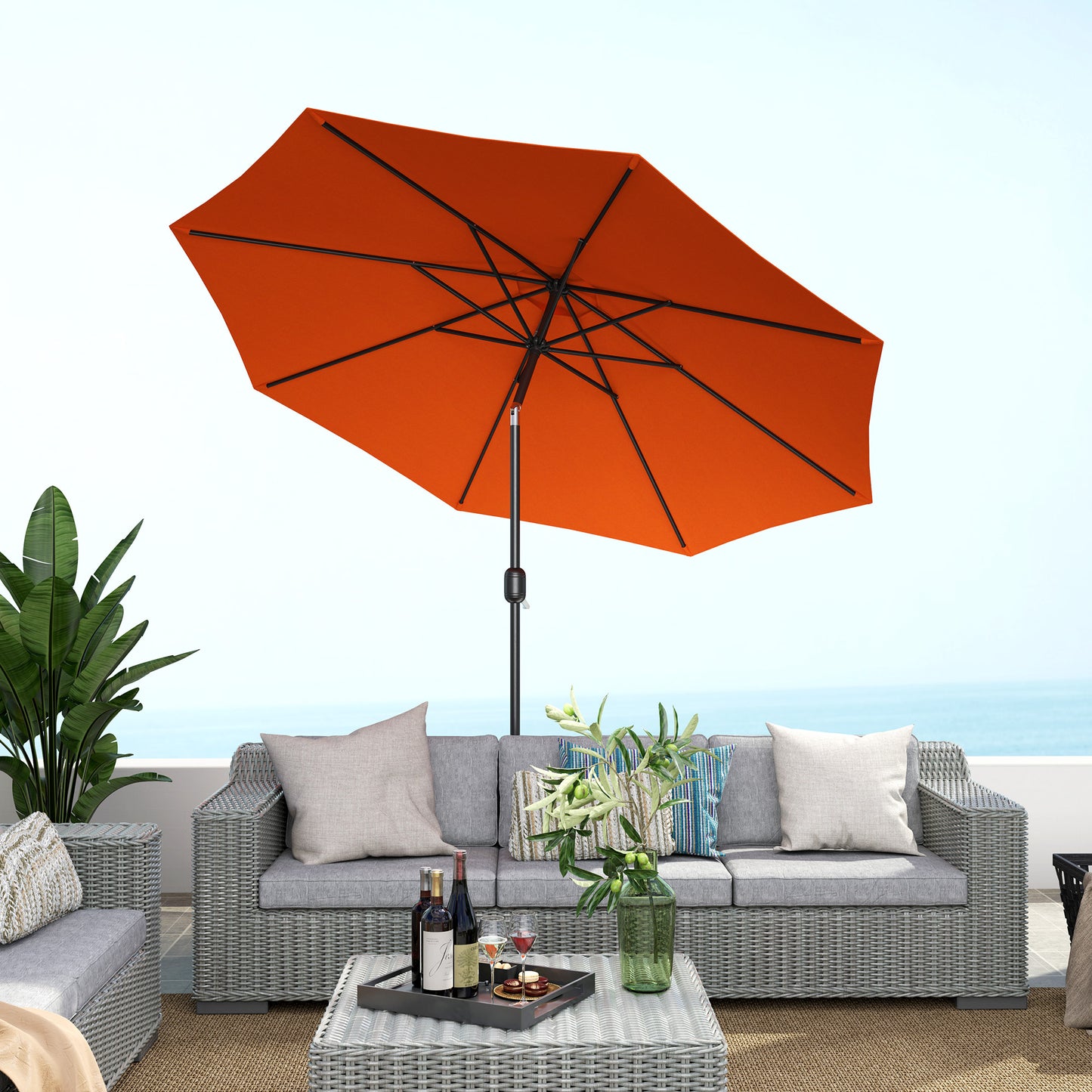 10' x 8' Round Market Umbrella, Patio Umbrella with Crank Handle and Tilt, Outdoor Parasol for Garden, Orange