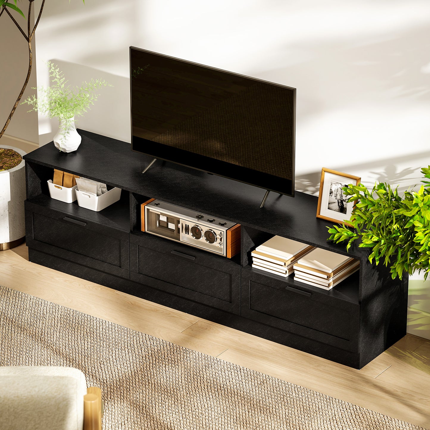 TV Stand with Storage, Modern Entertainment Center with 3 Cabinets and 3 Open Shelves, for TVs up to 85", Black