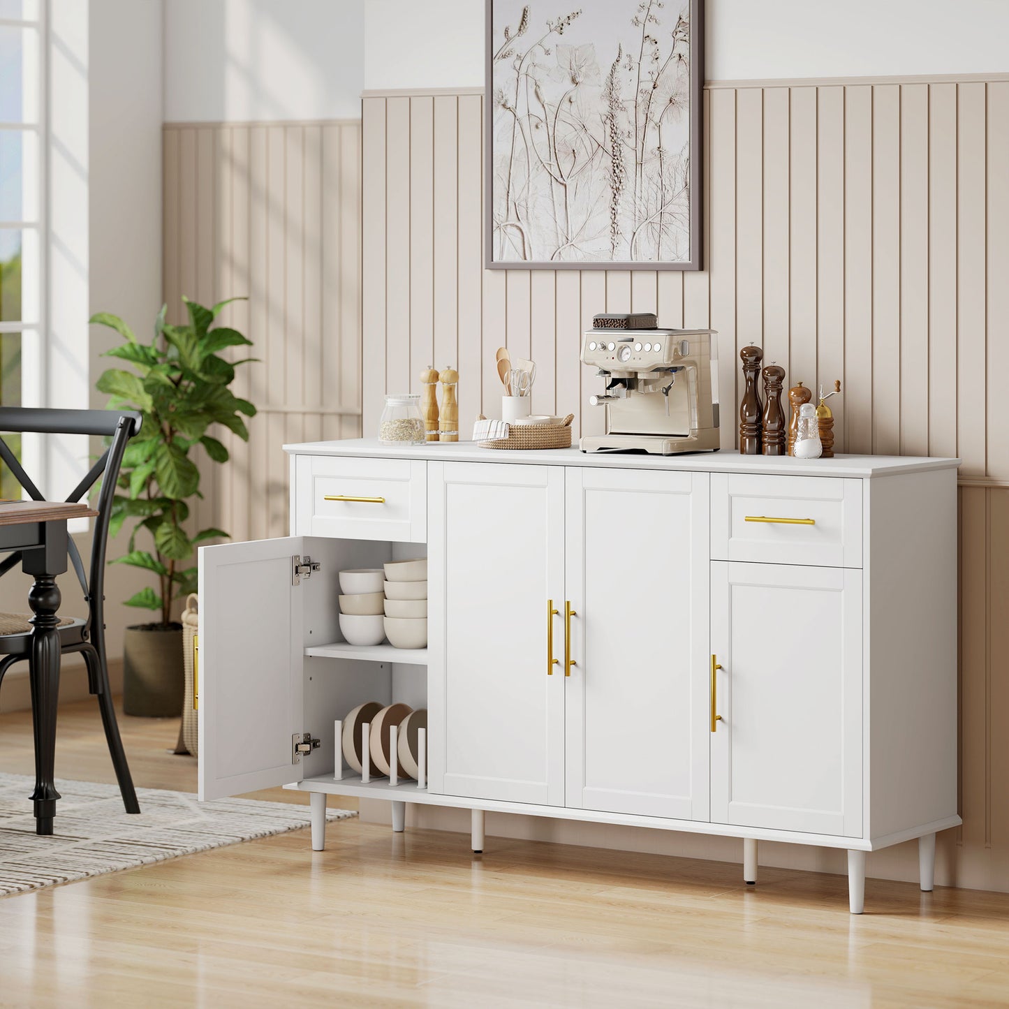 55" Buffet Cabinet with Soft-Close Doors, Modern Sideboard with 2 Drawers, 3 Adjustable Shelves and 4 Doors, White