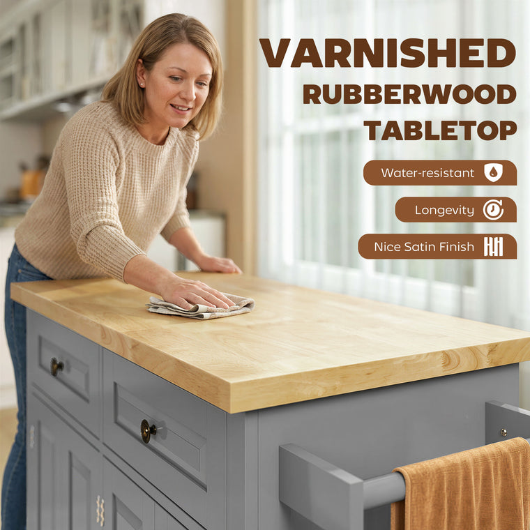 Rolling Kitchen Island with Wood Top and Spice Rack - Grey