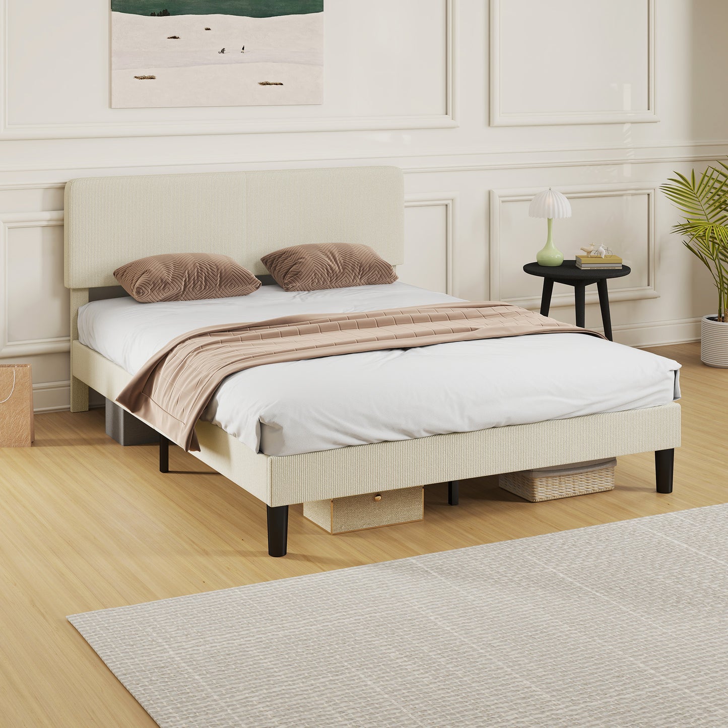 Queen Size Bed Frame with Adjustable Upholstered Headboard Platform Bed Frame Wood Slat Support Noise Free Light Grey
