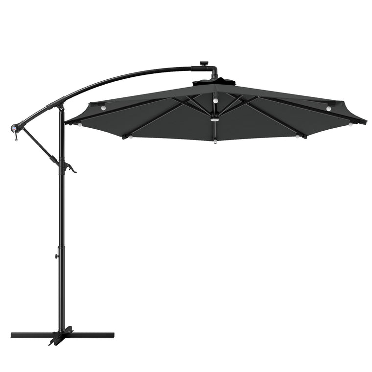 8.8FT Grey Cantilever Umbrella with Solar LED Lights & Crank